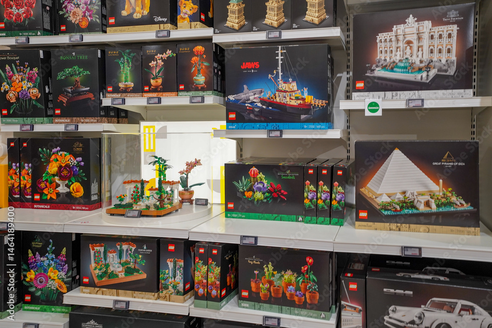 Naklejka premium Budapest, Hungary , 04 04 2025 : Lego store and collections on display