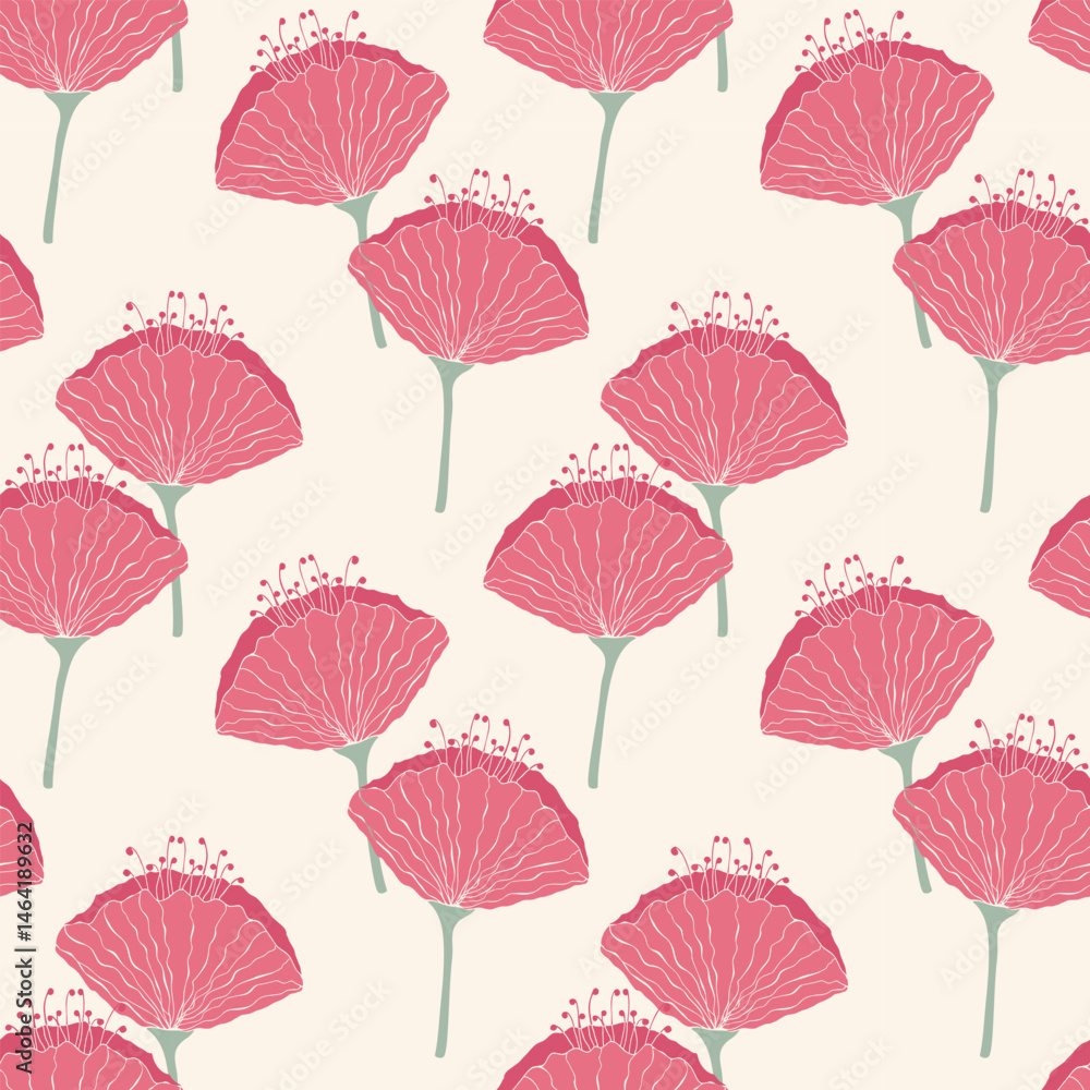 Obraz premium Pink flowers poppy pattern, hand drawn flowers on light creme background. Delicate feminine tones.