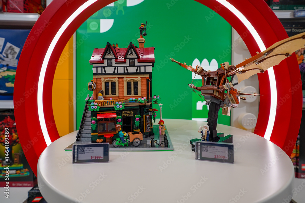 Naklejka premium Budapest, Hungary , 04 04 2025 : Lego store and collections on display