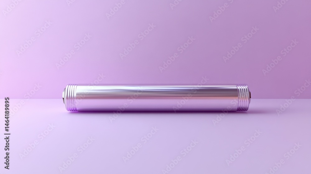 A minimalist silver AAA battery mockup on a soft lavender background A minimalist silver AAA battery mockup on a soft lavender background