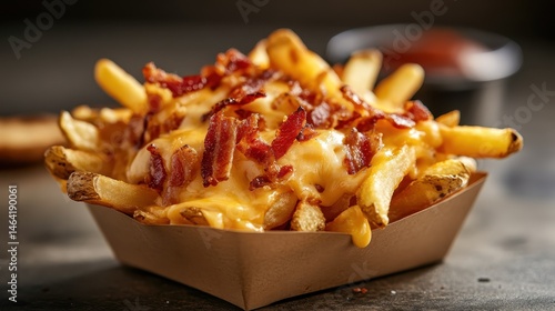 A tempting serving of loaded French fries, generously topped with melted cheese and crispy bacon, served in a stylish paper tray, ideal for food lovers and snack enthusiasts.