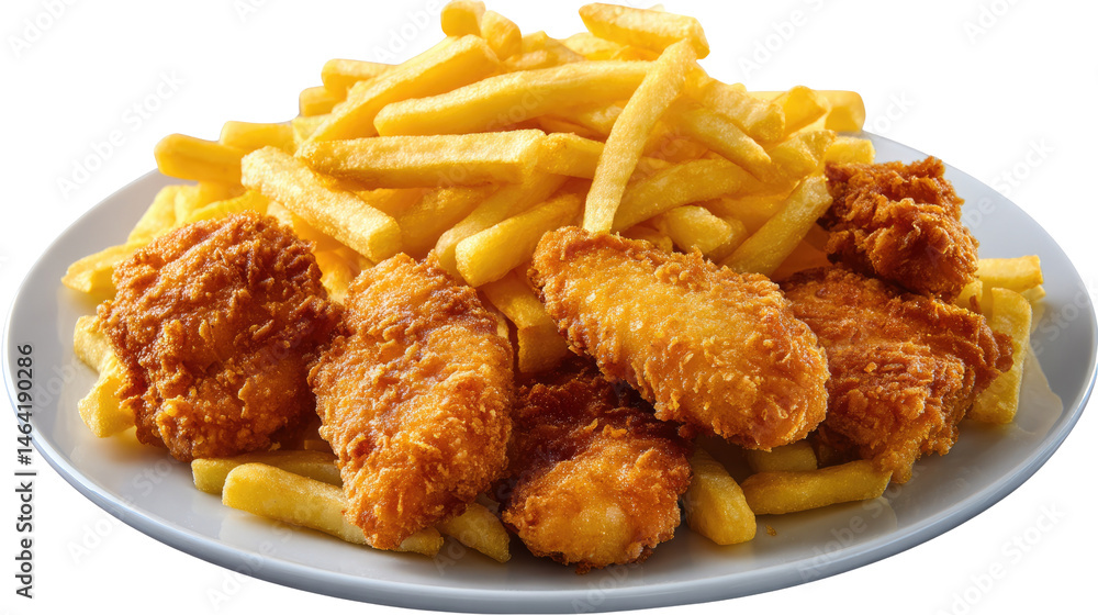 Fototapeta premium Crispy Chicken and Fries Delight: A delectable plate of golden, crispy fried chicken pieces and perfectly cooked French fries. A satisfying fast-food classic.