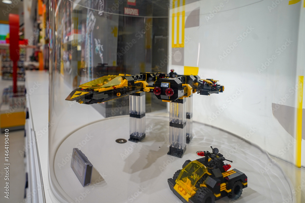 Naklejka premium Budapest, Hungary , 04 04 2025 : Lego store and collections on display