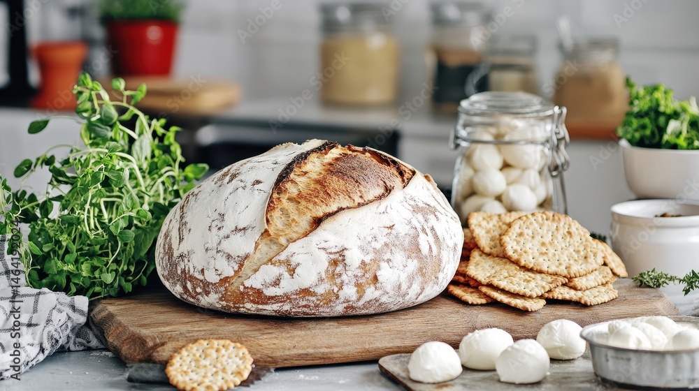 Artisan Sourdough Delight: A freshly baked loaf of artisan sourdough bread, with a beautiful, rustic crust, sits on a wooden cutting board surrounded by small bowls of mozzarella cheese and crackers.