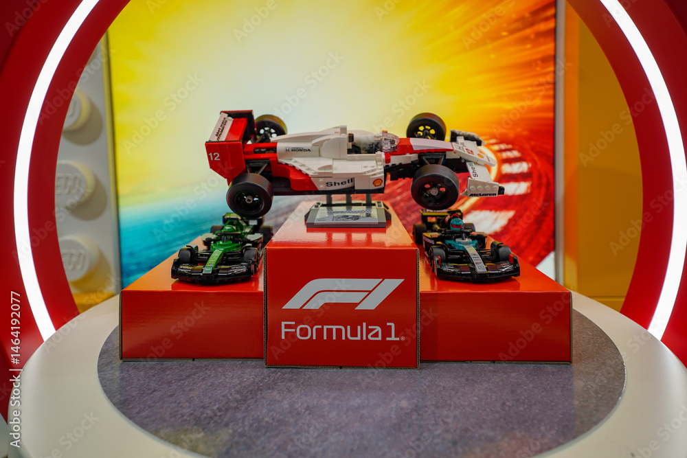 Naklejka premium Budapest, Hungary , 04 04 2025 : Lego store and collections on display