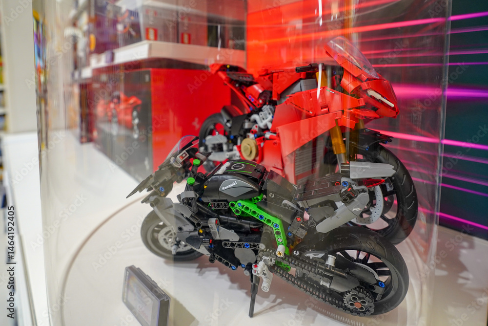 Naklejka premium Budapest, Hungary , 04 04 2025 : Lego store and collections on display