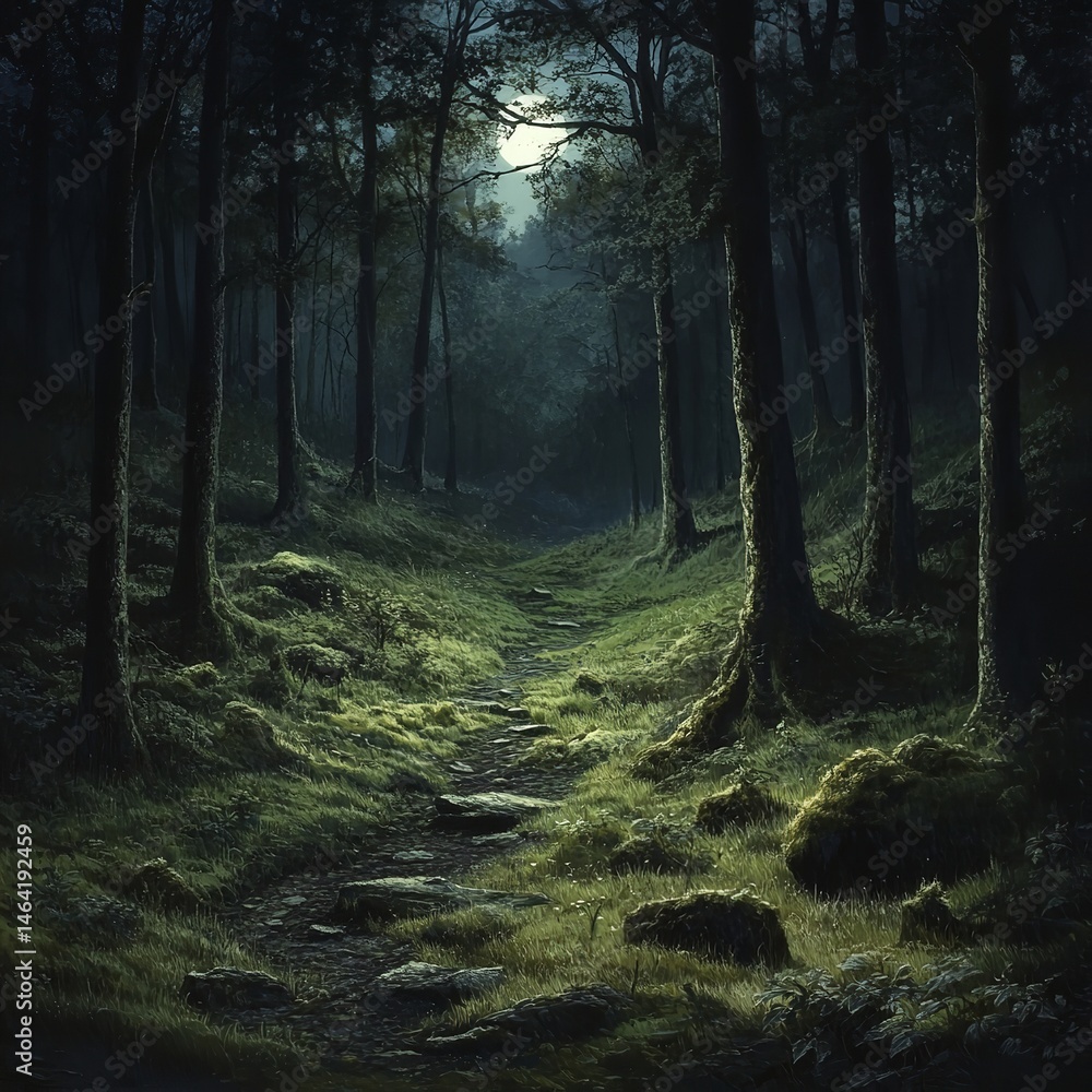 Moonlit Forest Path Mystical Night Walk Nature Trail Dark Woods Serene Scene