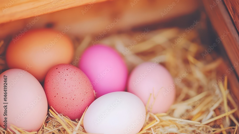 Easter Eggs: A vibrant display of pastel-colored eggs nestles serenely amidst a bed of straw inside a cozy wooden coop. The scene is a celebration of new beginnings, beauty, and tranquility.