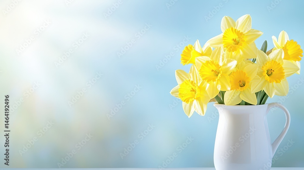 Springtime Daffodils: A radiant bouquet of yellow daffodils blossoms elegantly in a classic white vase, with a backdrop of soft-focus spring sky.