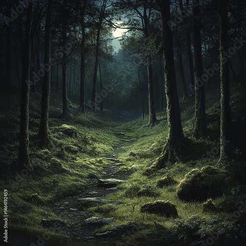 Obraz na płótnie Moonlit Forest Path Mystical Night Walk Nature Trail Dark Woods Serene Scene w salonie