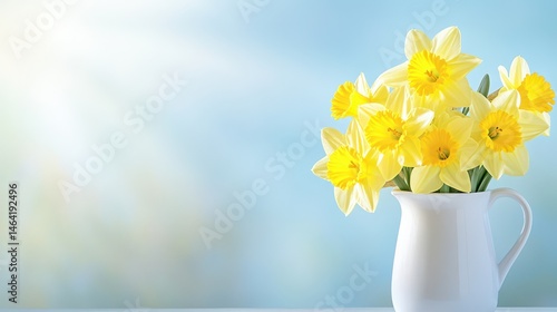 Obraz na płótnie Springtime Daffodils: A radiant bouquet of yellow daffodils blossoms elegantly in a classic white vase, with a backdrop of soft-focus spring sky. w salonie