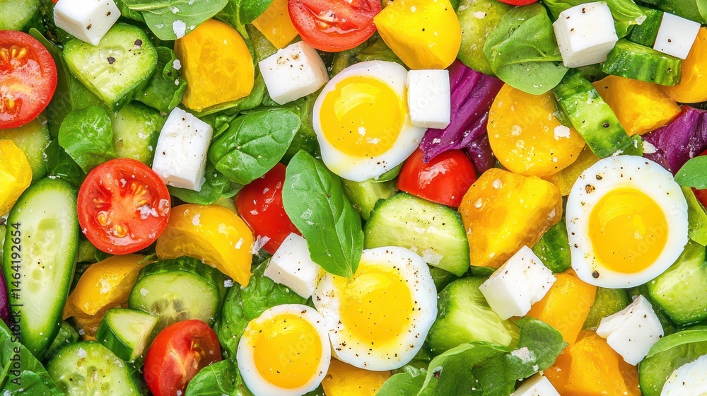 Vibrant Fresh Salad: A top-down view of a colorful salad, bursting with fresh vegetables, boiled eggs, and a variety of healthy ingredients. The image embodies a wholesome meal.