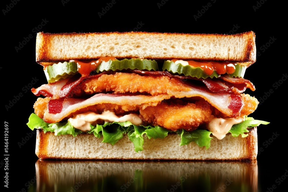 Gourmet Club Sandwich: A mouthwatering club sandwich, meticulously constructed with layers of crispy chicken, smoky bacon, fresh lettuce, and tangy pickles. A culinary masterpiece.