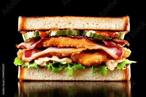 Gourmet Club Sandwich: A mouthwatering club sandwich, meticulously constructed with layers of crispy chicken, smoky bacon, fresh lettuce, and tangy pickles. A culinary masterpiece.