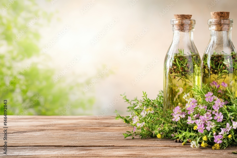 Aromatic Herb Infusion: Two vintage glass bottles stand elegantly on a rustic wooden table, each one showcasing the delicate infusion of fragrant herbs.