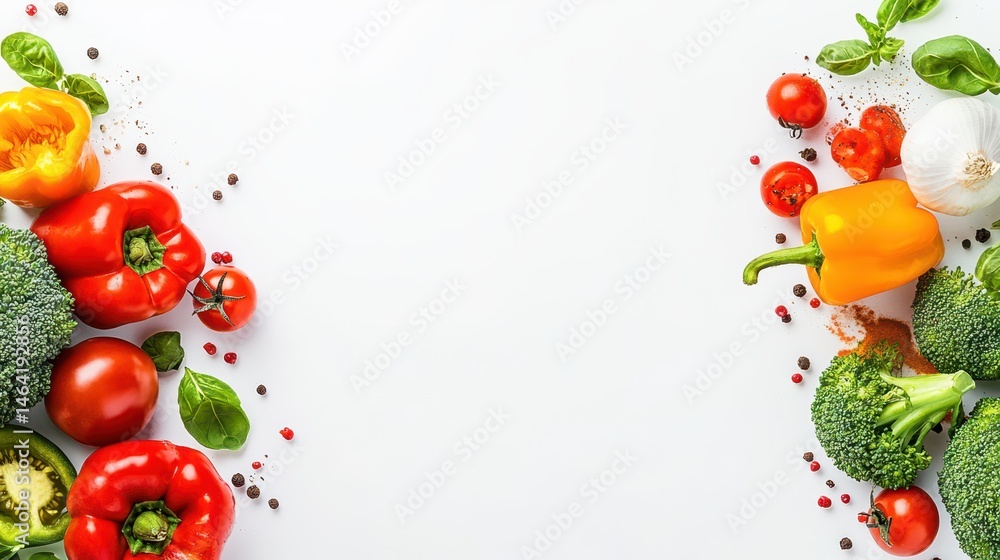 Colorful Fresh Produce Composition: A vibrant arrangement of fresh, colorful produce. tomatoes, peppers, broccoli, and basil leaves artfully arranged, exuding freshness and health.