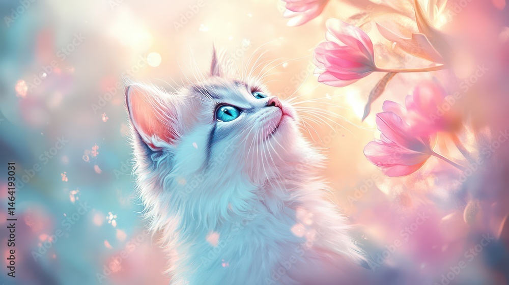 Kitten Amidst Blossoms: A charming fluffy kitten with bright blue eyes looks up in wonder at a bouquet of delicate pink blossoms.