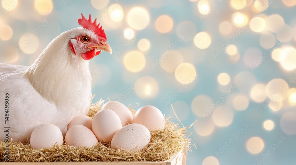 The Hen's Care: A maternal hen protects her eggs within the warm embrace of her nest, capturing the serene tranquility of rural life, celebrating fertility.