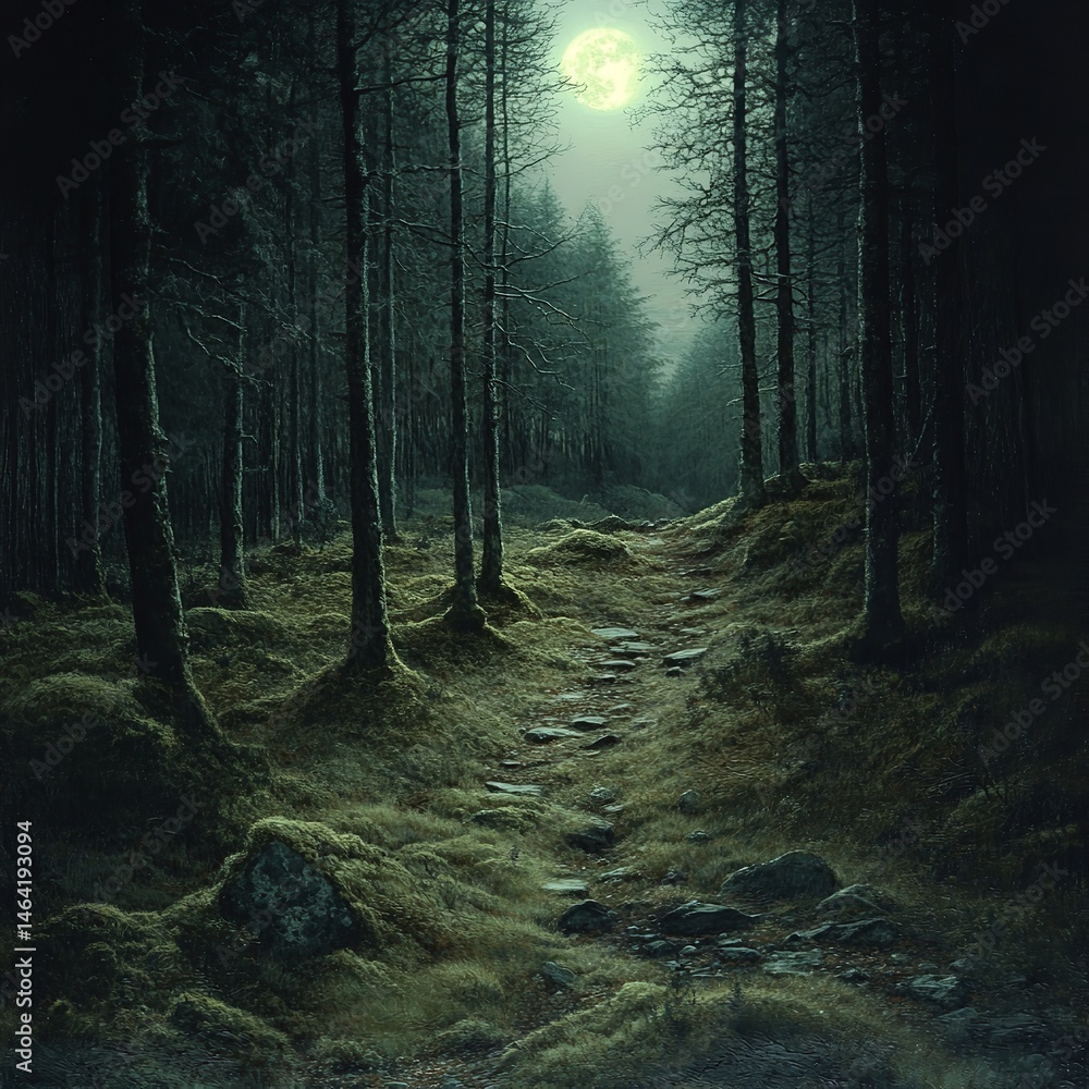 Moonlit Forest Path Mystical Night Walk Enchanting Nature Scene Serene Trail Dark Woods Magical