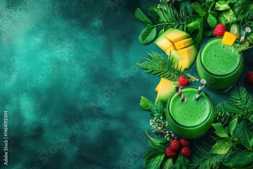 Green Smoothie Delight: Vibrant green smoothies, fresh fruit, and lush greenery create a refreshing and health-focused visual