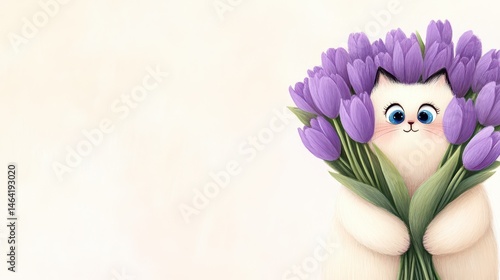 Cat with Tulip Bouquet: A charming and delightful illustration of a fluffy cat, nestled amidst a beautiful bouquet of vibrant purple tulips, radiating warmth and joy. 