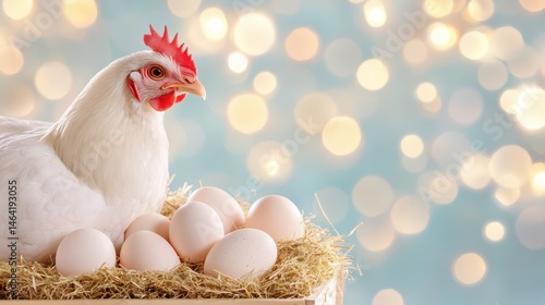Obraz na płótnie The Hen's Care: A maternal hen protects her eggs within the warm embrace of her nest, capturing the serene tranquility of rural life, celebrating fertility. w salonie