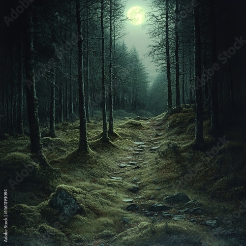 Obraz na płótnie Moonlit Forest Path Mystical Night Walk Enchanting Nature Scene Serene Trail Dark Woods Magical w salonie