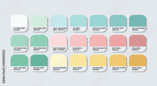 Beryl Color Guide Palette with color Names. Catalog Samples of Beryl Celadon RGB HEX codes and Names. Natural pastel pink, cream, green Color Palette, Fashion Trend Pantone Beryl paint Color Palette