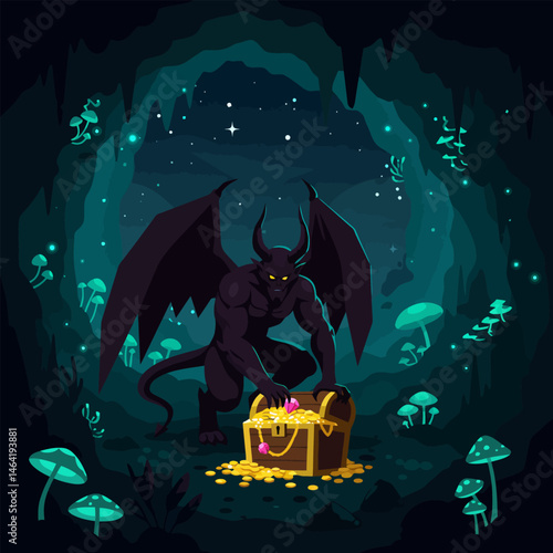 Winged Creature Opening Treasure Chest in Glowing Cave Scene