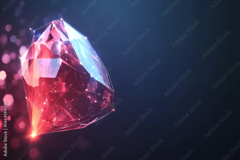 Glowing Red Gemstone Abstract Digital Art Polygon Jewel Luxury Facets Shiny Elegant Red Crystal Dark