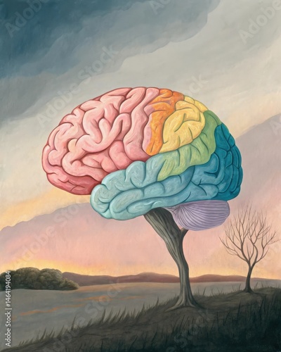 Obraz na płótnie A brain depicted with various colored areas lighting up symbolizing active regions during skill acquisition and memory retention. w salonie