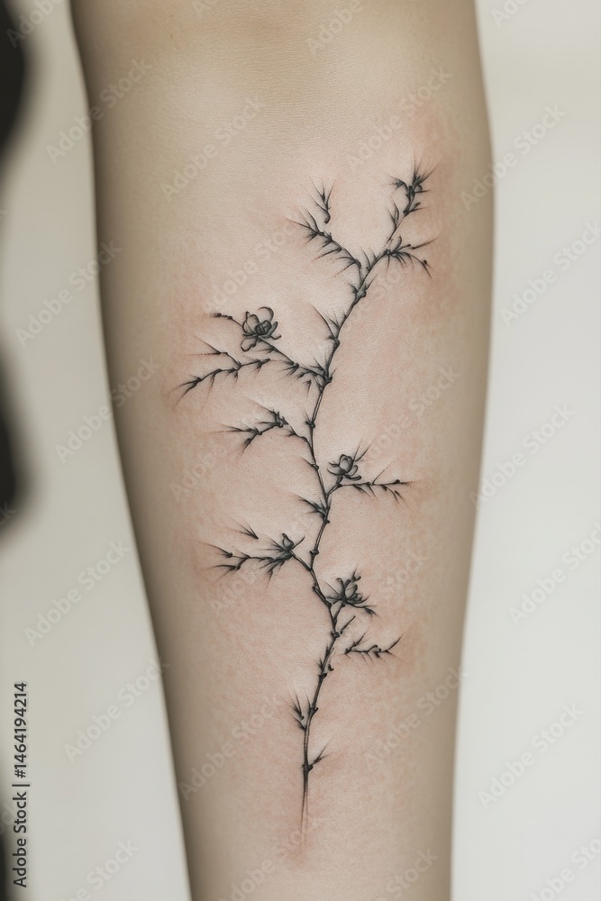 Obraz premium Minimalist black ink flowering branch tattoo on inner forearm with small blossoms