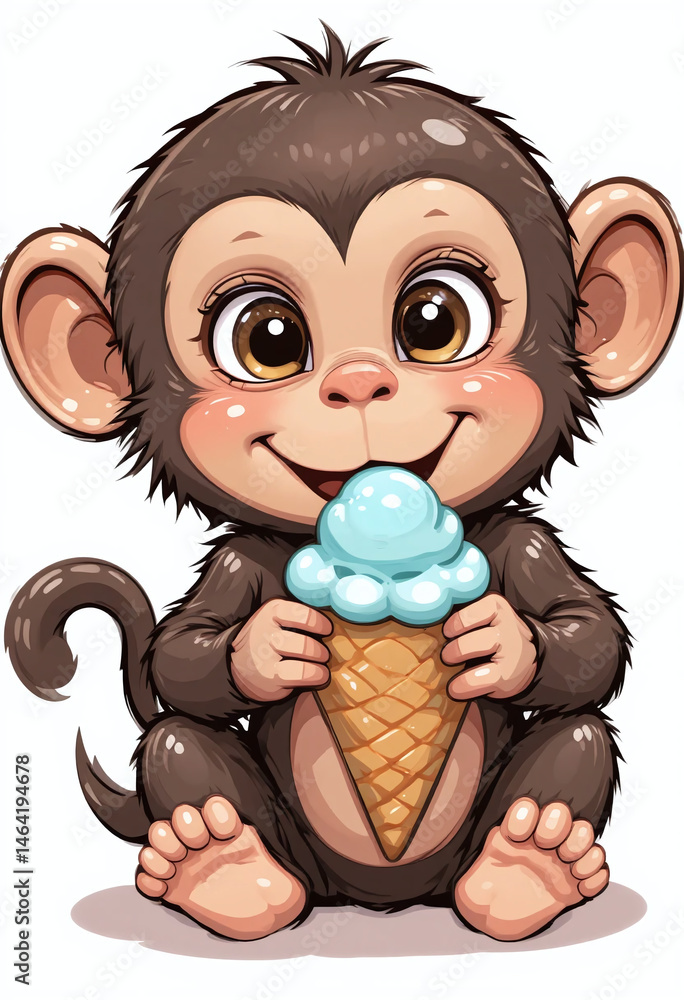 Fototapeta premium A colorful illustration of a small, happy monkey enjoying an ice cream, bringing joy and playfulness with vibrant and cheerful details