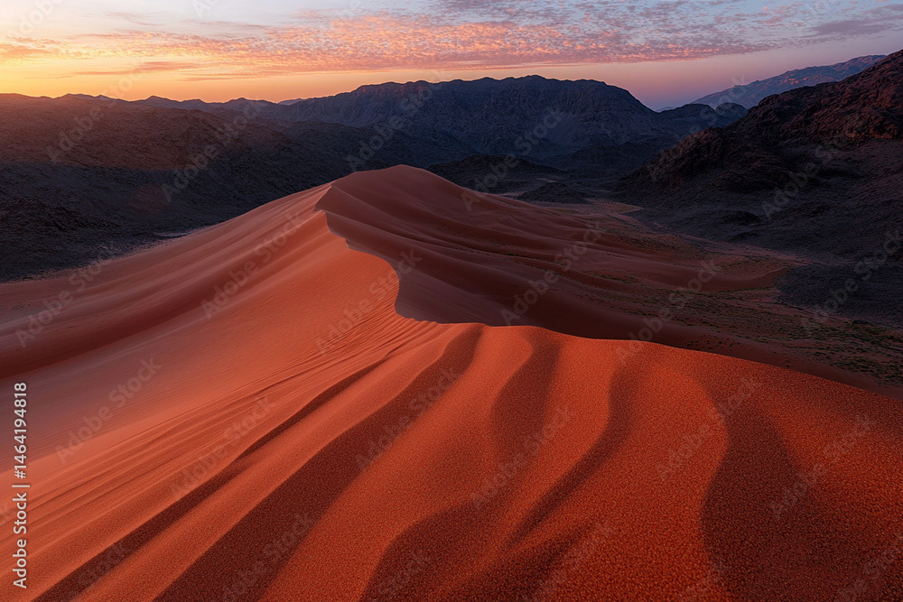 Fototapeta premium Golden sand patterns of desert dunes under a vibrant sunset with mountain backdrop
