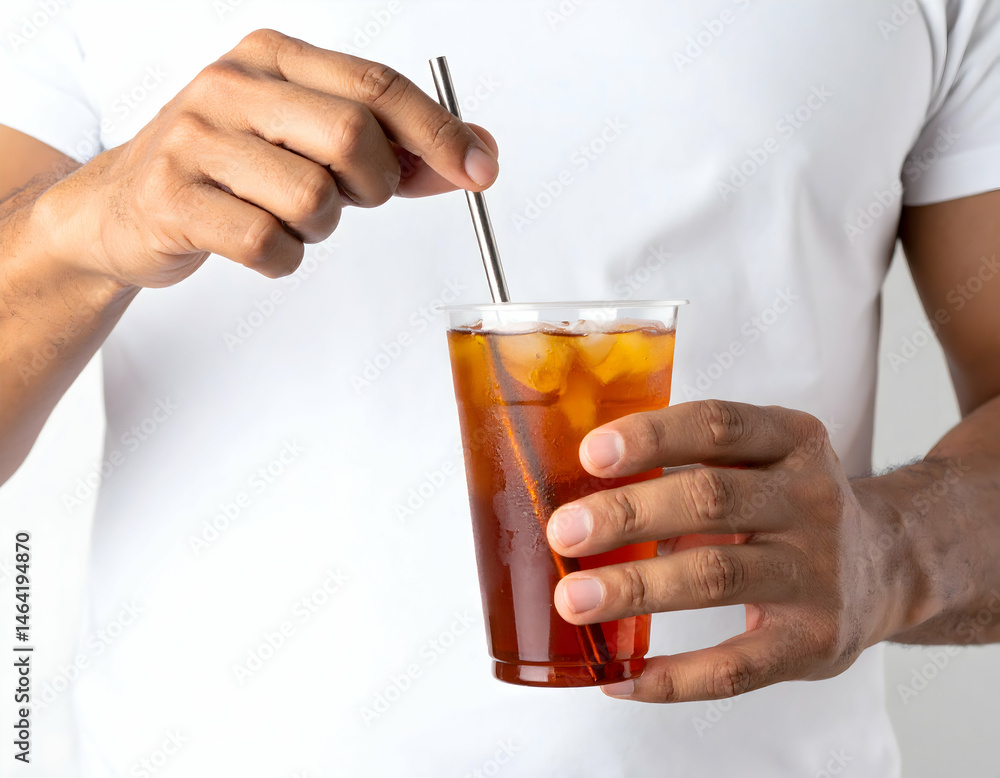 A man holds a cold glass of cola with ice, a refreshing brown beverage isolated against white A man holds a cold glass of cola with ice, a refreshing brown beverage isolated against white