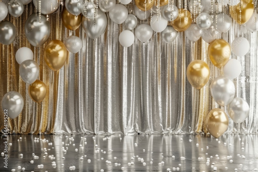 Festive Decorations with Silver, Gold, and White Balloons and Curtains Festive Decorations with Silver, Gold, and White Balloons and Curtains