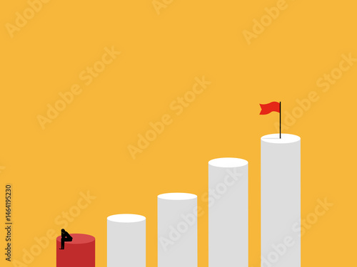 Businessman at the bottom of the chart sits stressed out, unable to reach the target flag