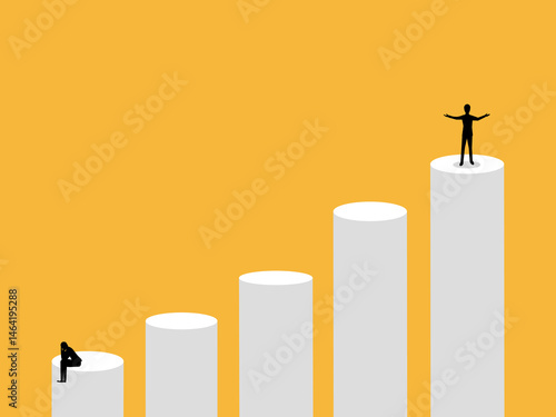 Businessman succeeding at the top of the bar chart with sad people at the bottom