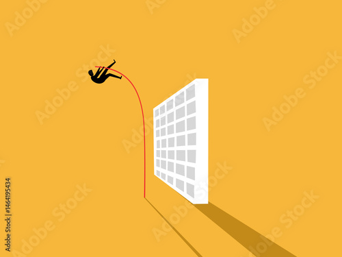Businessman jumps over a wall with a pole