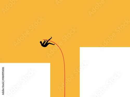 Businessman vaults over gap with pole