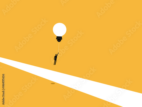 Overcoming obstacles with creativity, Businessman floating on light bulb across gap