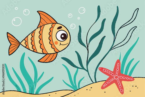 11 Underwater scene, cartoon goldfish, orange scales, big eye, red starfish, sea plants, aqua background, bubbles, sandy bottom, watercolor texture, children's book illustration style, vibrant colors,