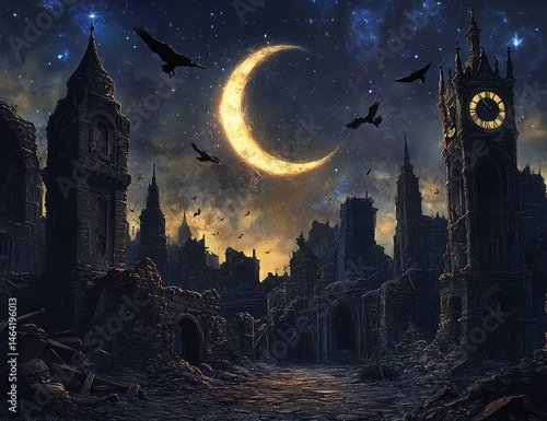 Obraz na płótnie Ruined Cityscape Crescent Moon Ravens Gothic Fantasy Art w salonie