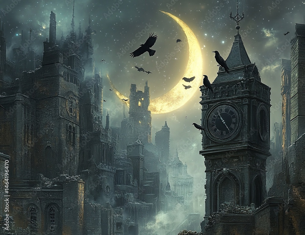 Gothic Cityscape Crescent Moon Ravens Ruins Clock Tower Night