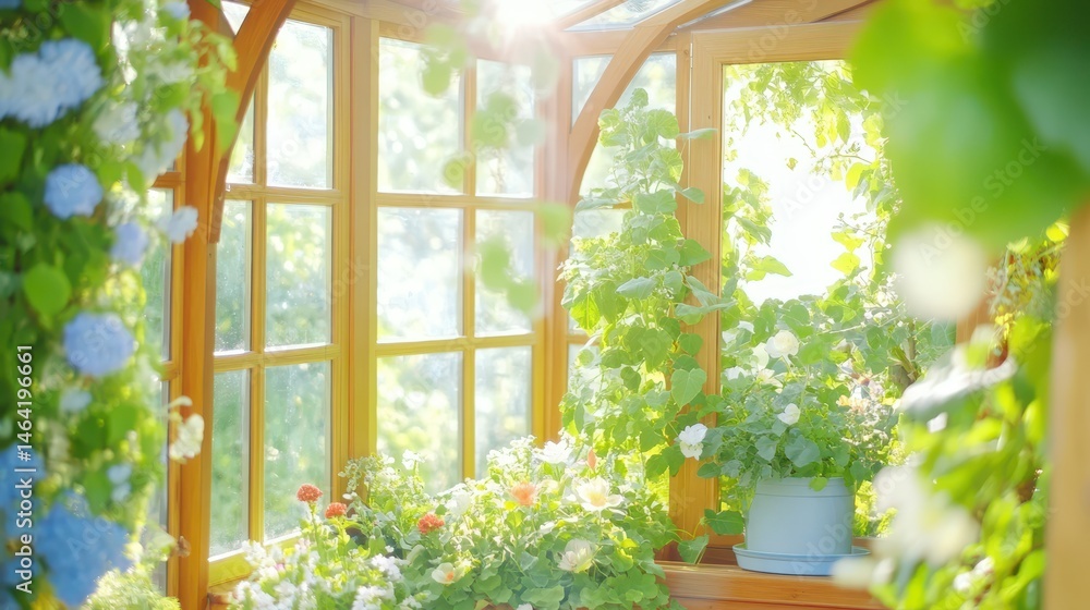 Botanical Garden: A light-filled botanical garden, with sunlit details of windows. The scene showcases an array of verdant leaves and petals with nature, capturing peace.