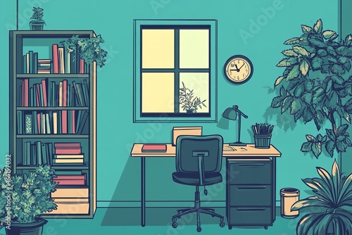 Serene Home Office Teal Walls Plants Books Desk Chair Window Light