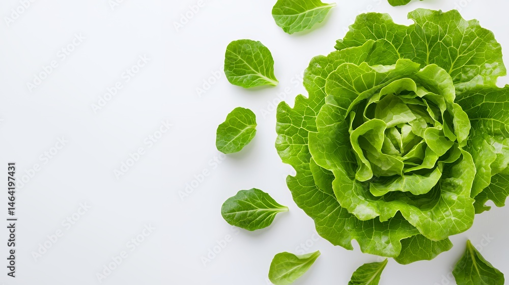 Obraz premium Fresh green butter lettuce head and loose leaves on a white background