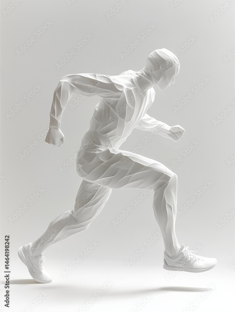 Obraz premium dynamic figure in running pose, crafted from geometric design, showcases athleticism and movement. minimalist style emphasizes form and energy of fitness