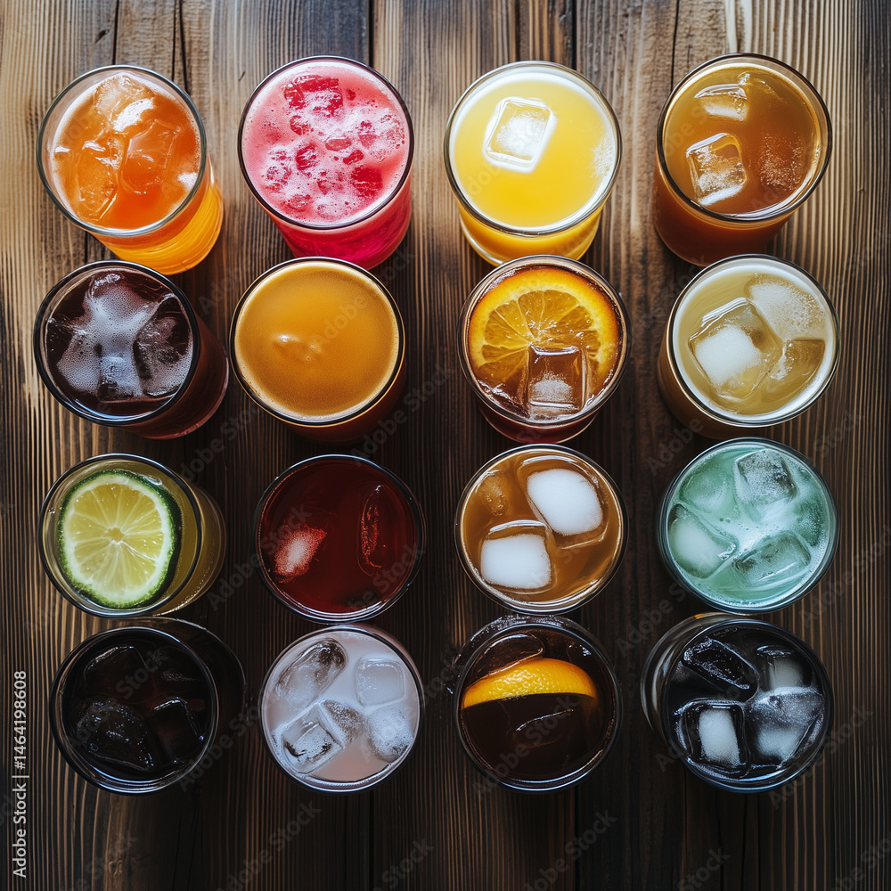 Top View of Global Drink Variety on Wooden Table Top View of Global Drink Variety on Wooden Table
