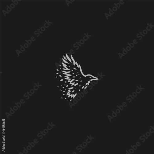 Flying crow logo with fragmented feather silhouette style.